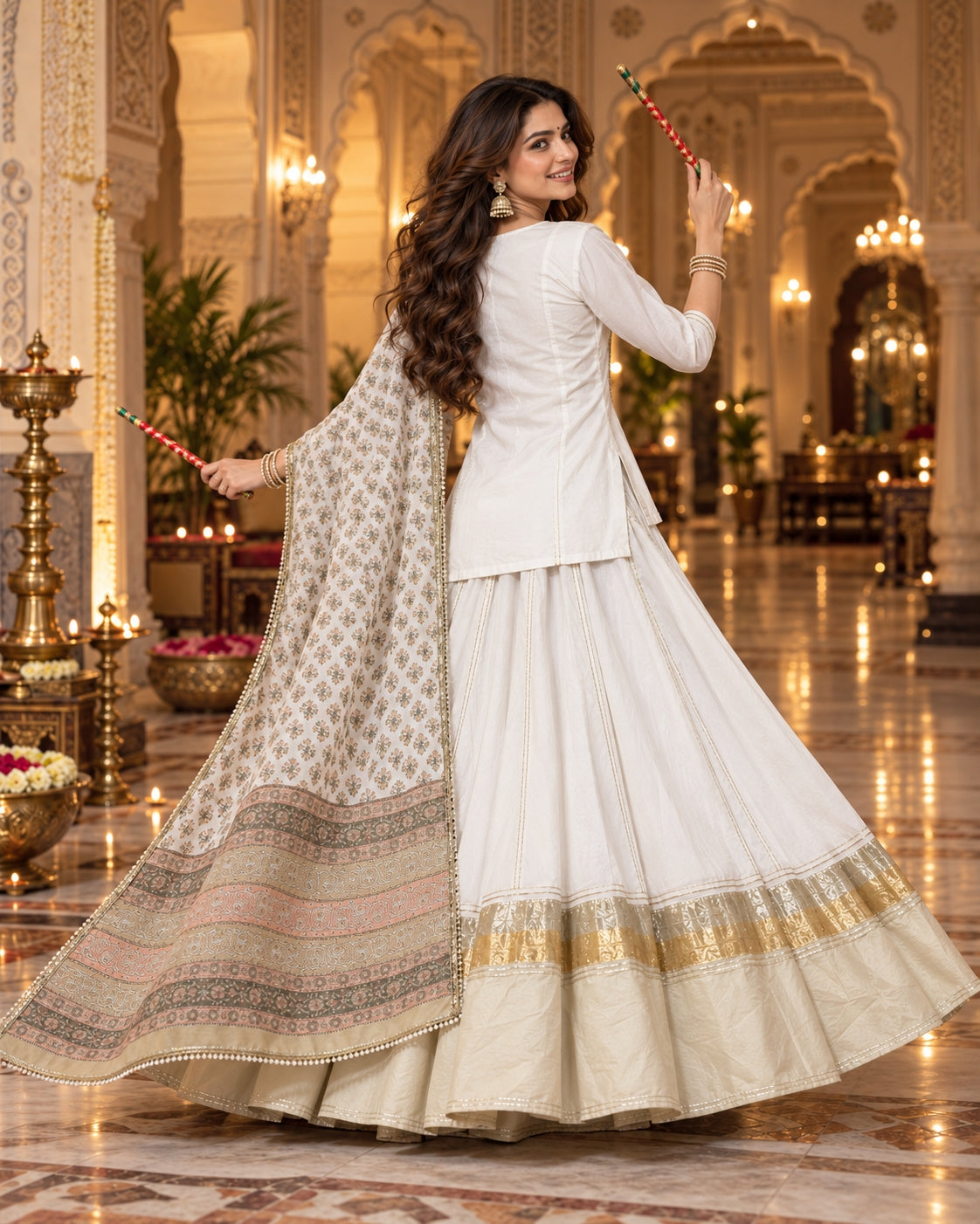 White Gold Cotton Navratri Dandiya Lehenga Set with Dupatta - view 4