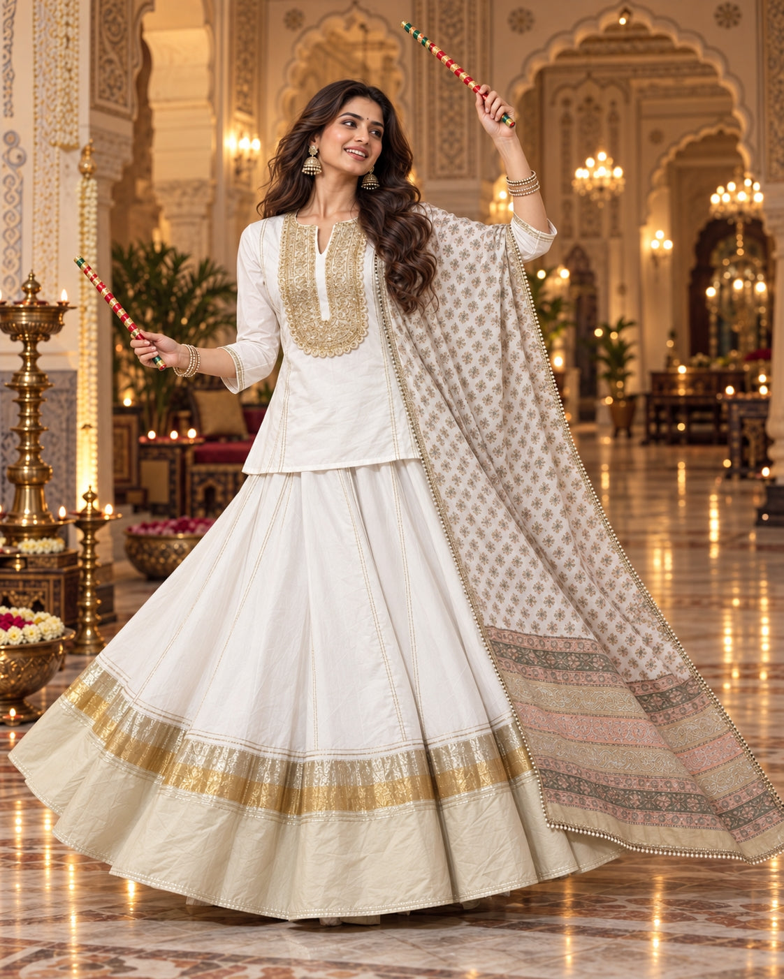 White Gold Cotton Navratri Dandiya Lehenga Set with Dupatta - view 5