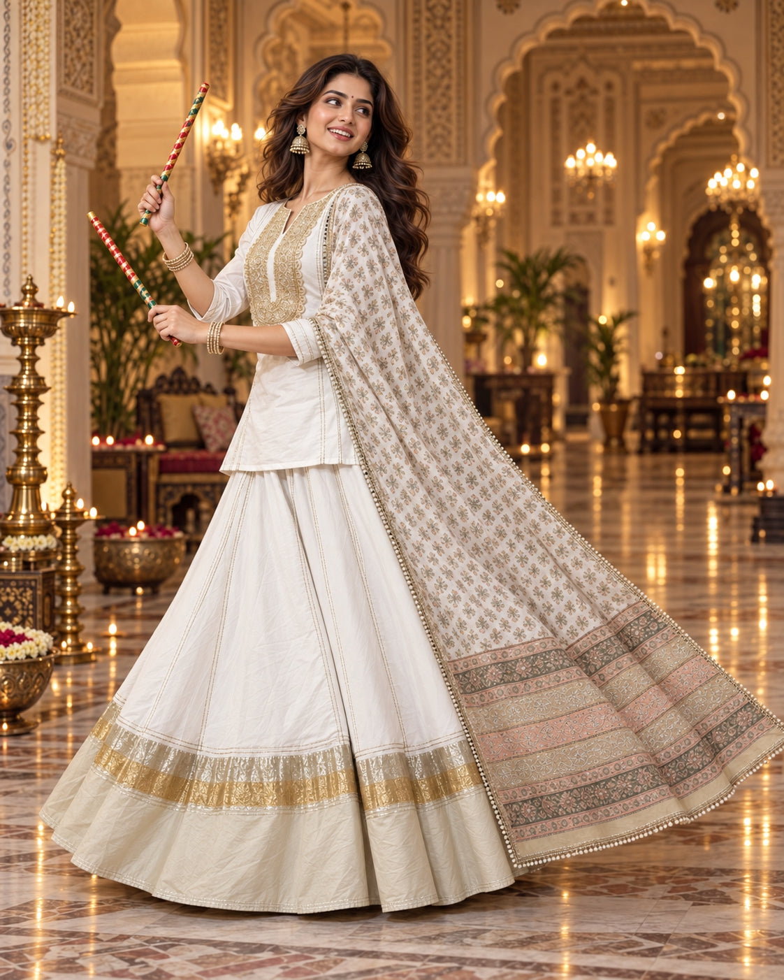 White Gold Cotton Navratri Dandiya Lehenga Set with Dupatta - view 6