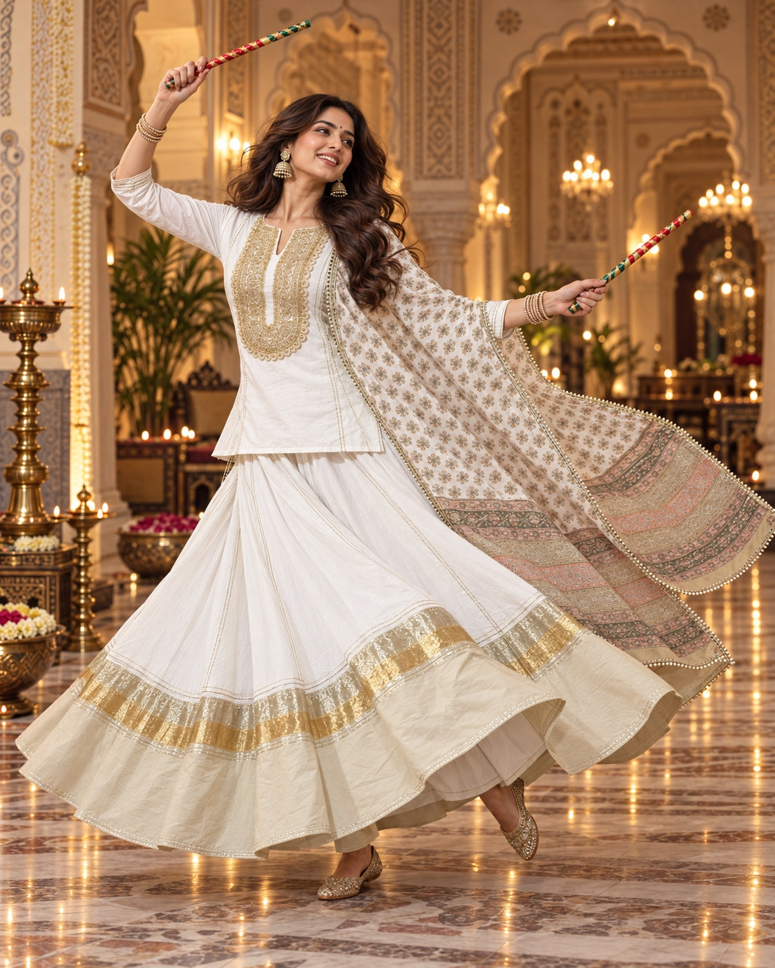 White Gold Cotton Navratri Dandiya Lehenga Set with Dupatta - view 7