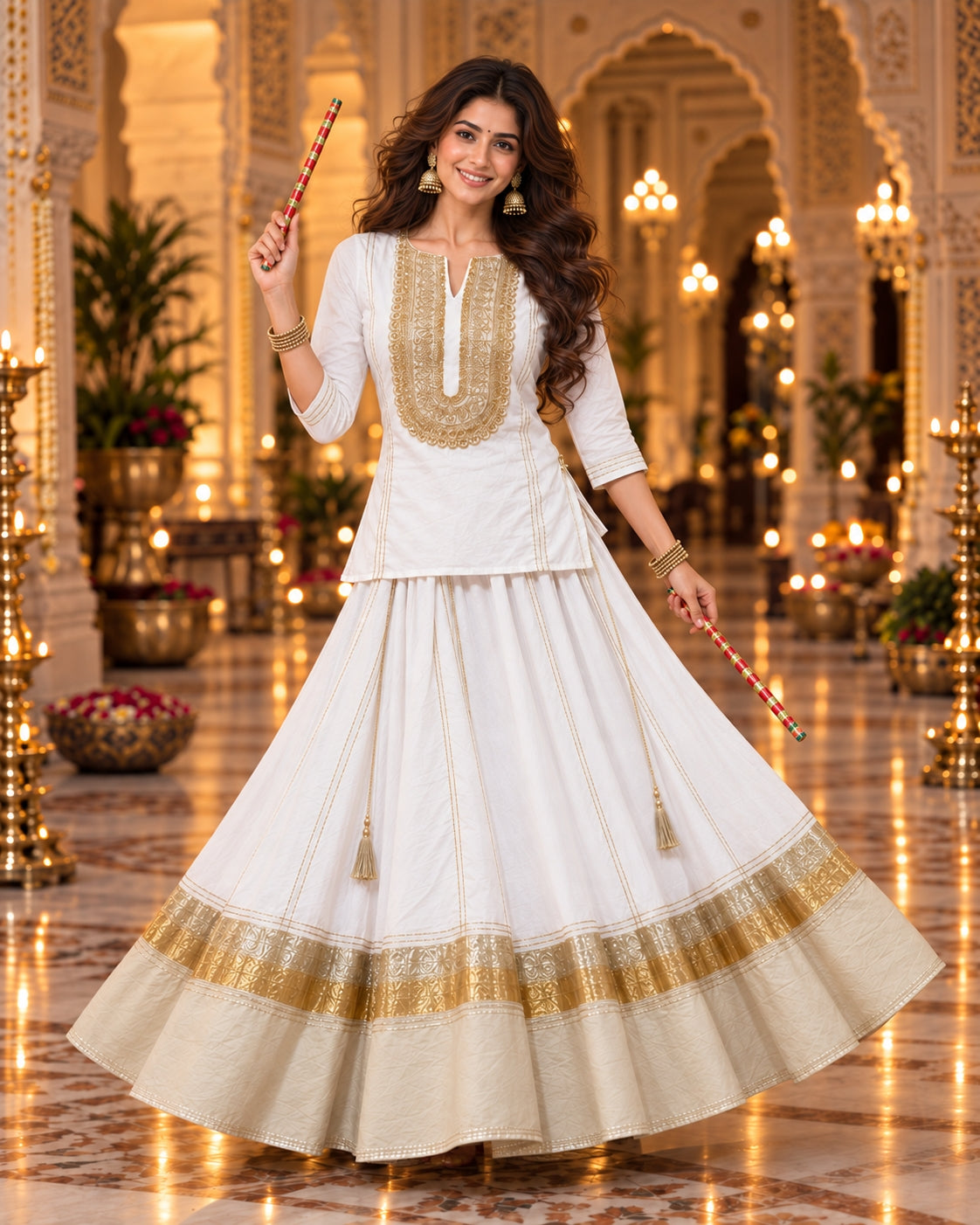 White Gold Cotton Navratri Dandiya Lehenga Short Kurta Set - view 1