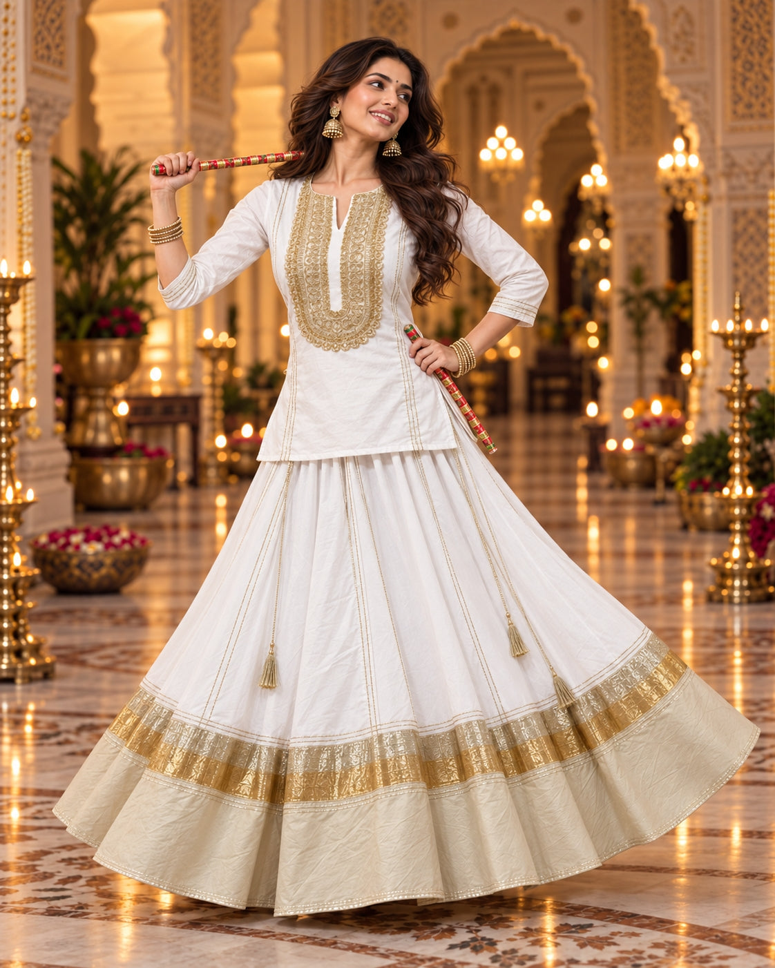 White Gold Cotton Navratri Dandiya Lehenga Short Kurta Set - view 2