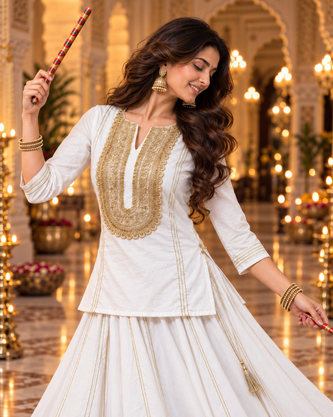 White Gold Cotton Navratri Dandiya Lehenga Short Kurta Set - view 3