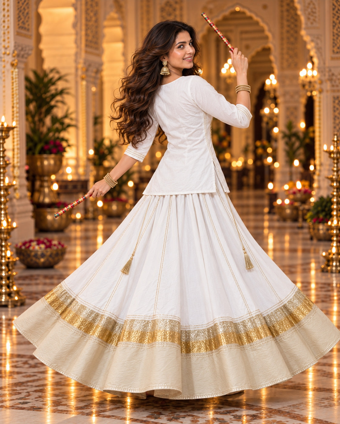 White Gold Cotton Navratri Dandiya Lehenga Short Kurta Set - view 4