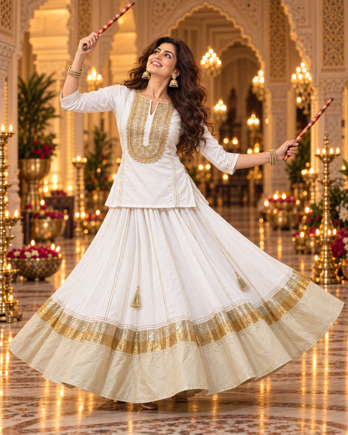 White Gold Cotton Navratri Dandiya Lehenga Short Kurta Set - view 5