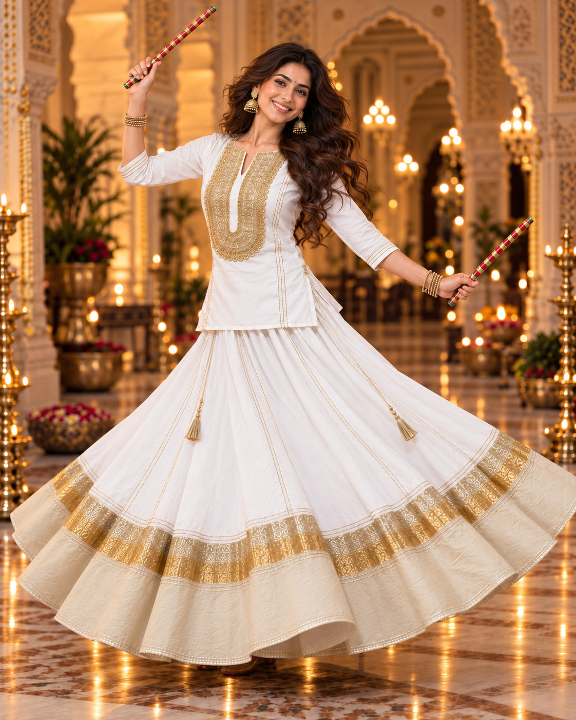 White Gold Cotton Navratri Dandiya Lehenga Short Kurta Set - view 6