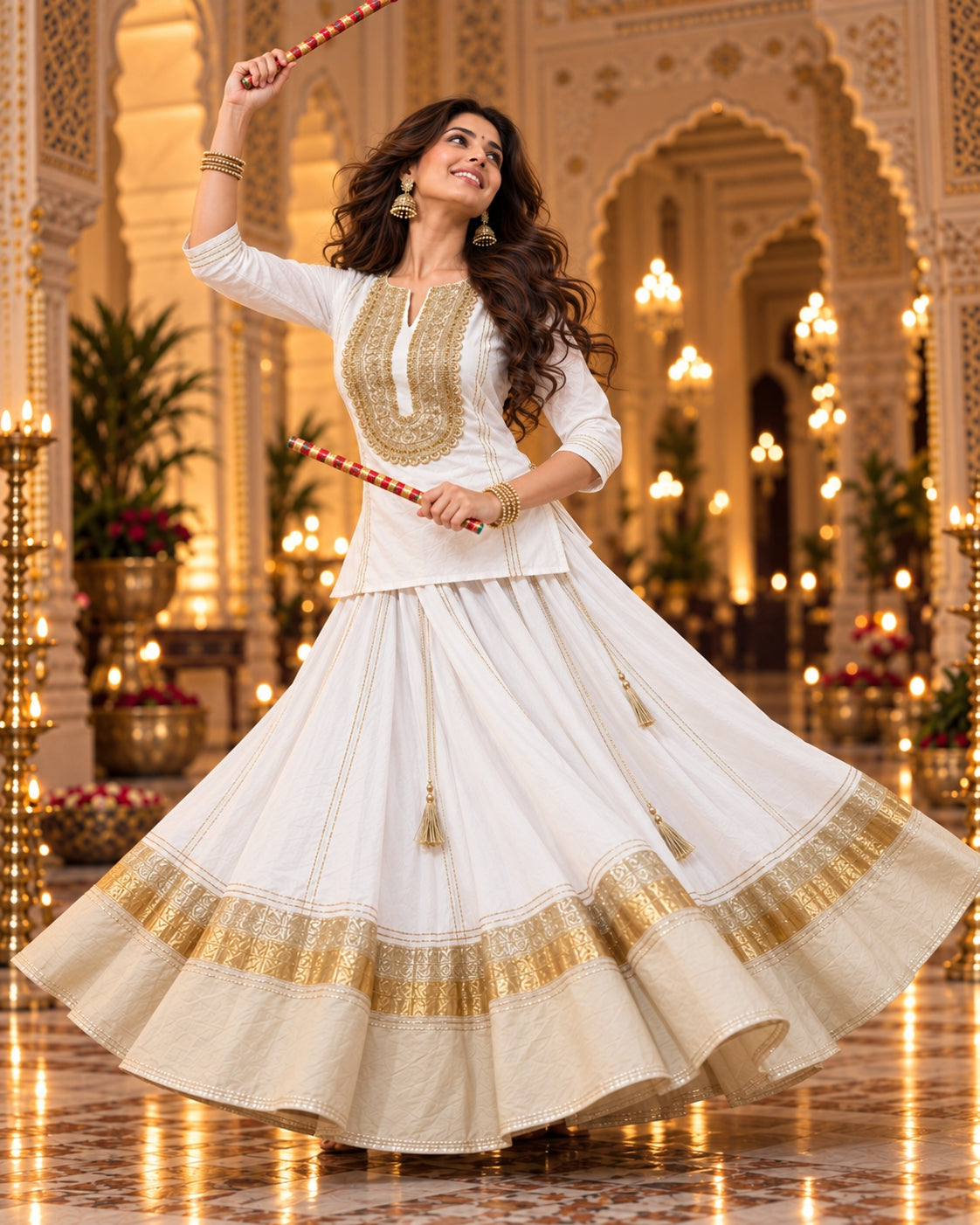 White Gold Cotton Navratri Dandiya Lehenga Short Kurta Set - view 7