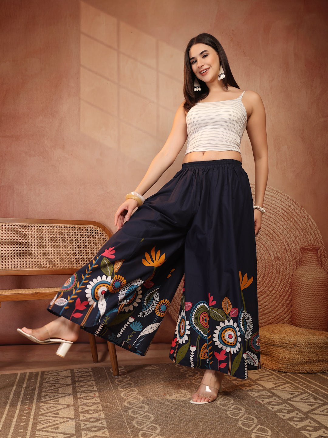 Navy Floral Cotton Wide-Leg Palazzo for Women - view 2