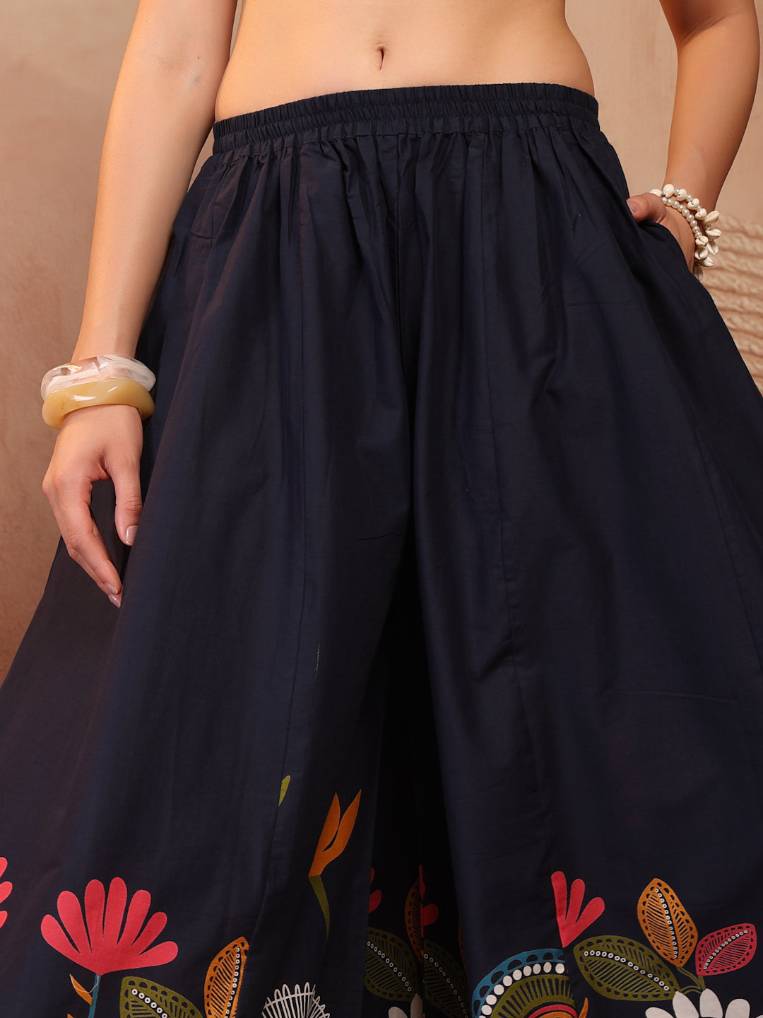 Navy Floral Cotton Wide-Leg Palazzo for Women - view 3