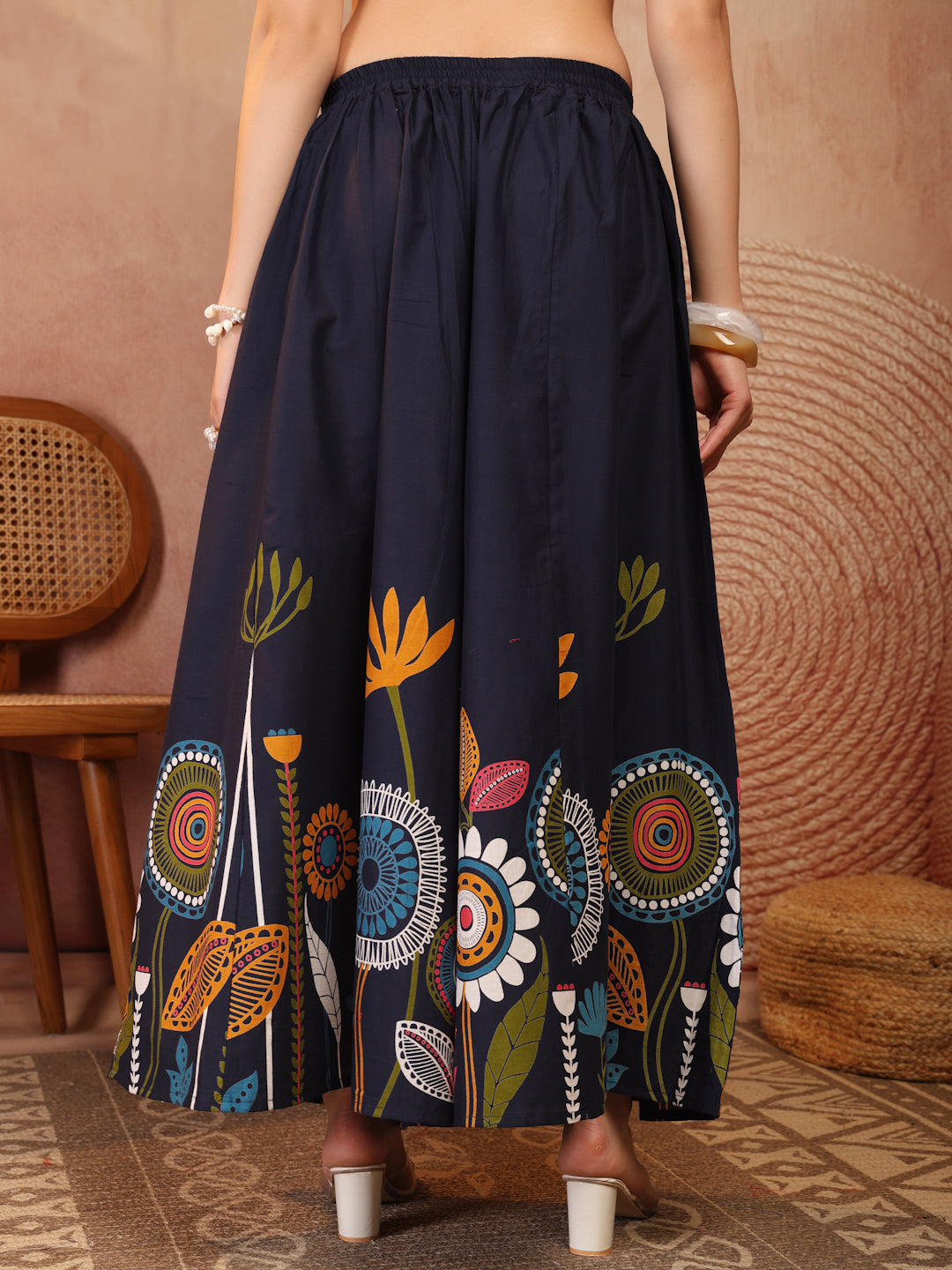 Navy Floral Cotton Wide-Leg Palazzo for Women - view 4