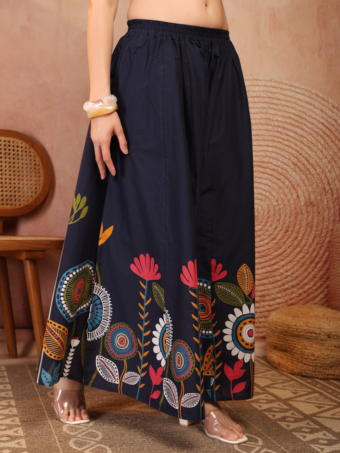 Navy Floral Cotton Wide-Leg Palazzo for Women - view 5