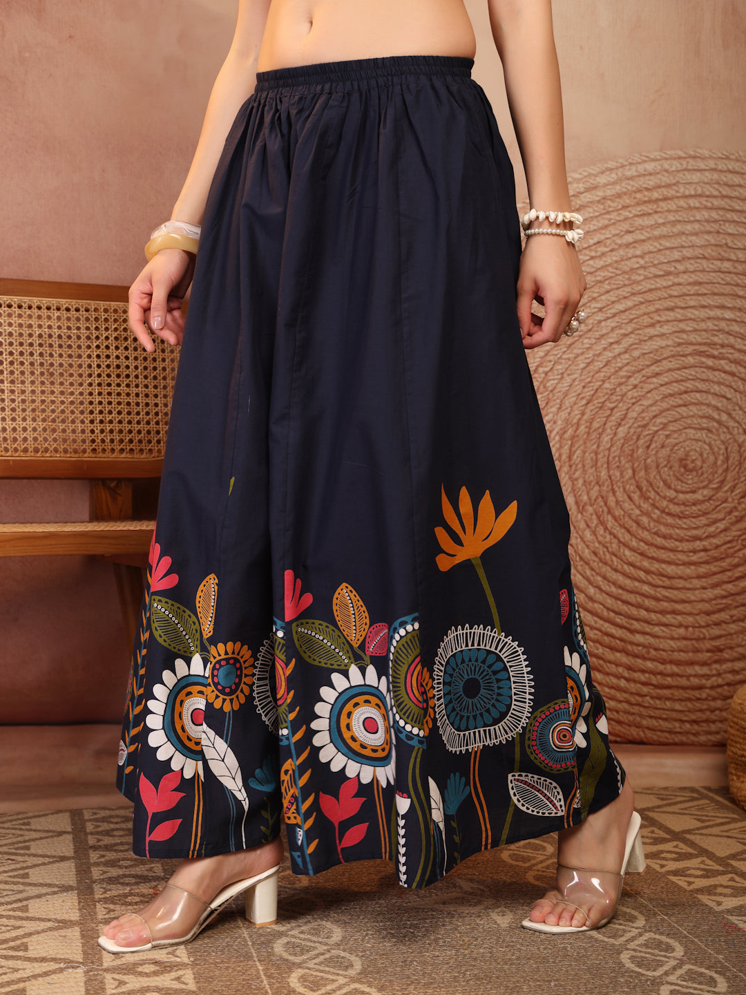 Navy Floral Cotton Wide-Leg Palazzo for Women - view 6
