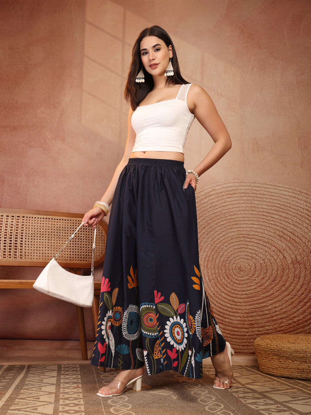 Navy Floral Cotton Wide-Leg Palazzo for Women - view 7